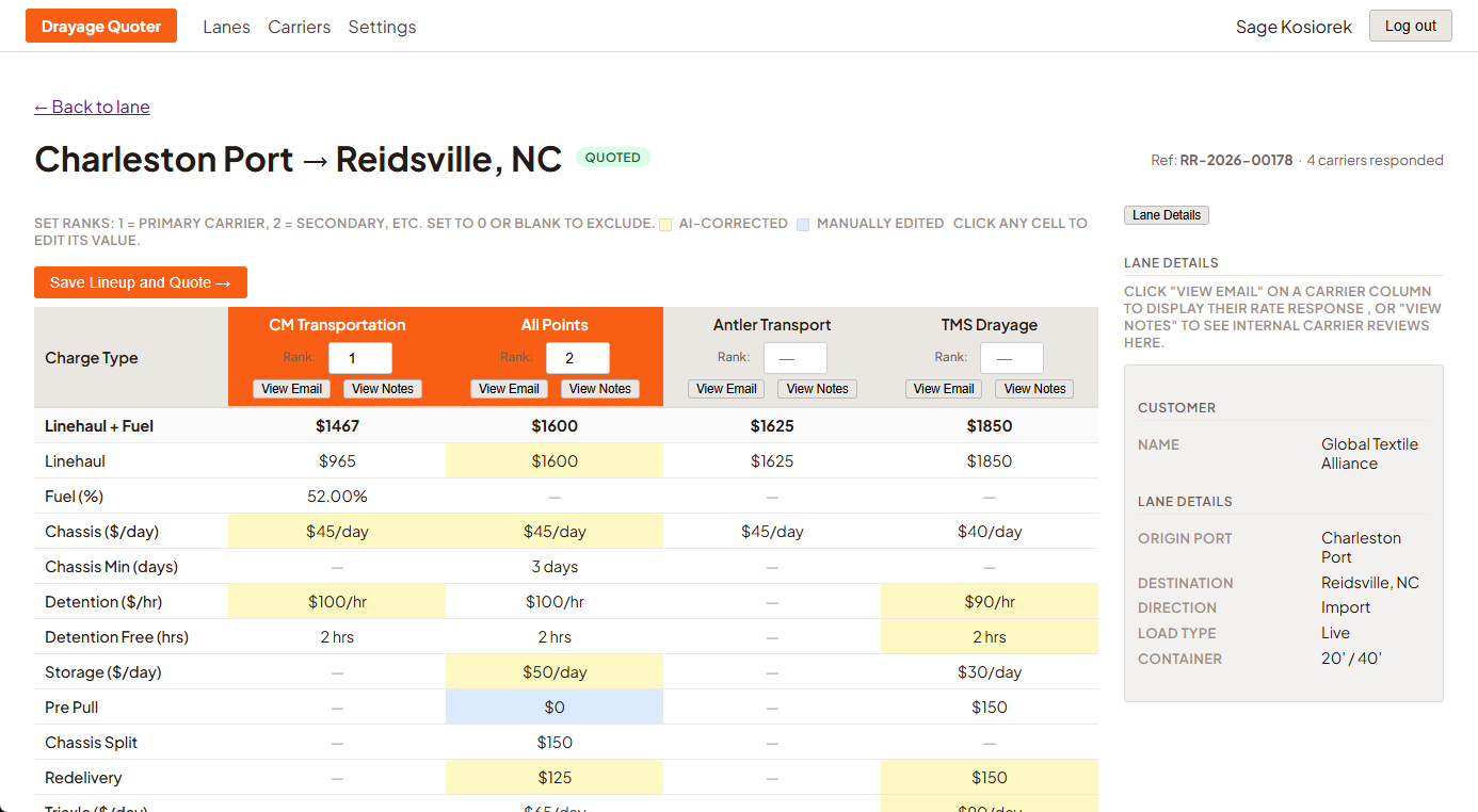 Drayage quoting platform screenshot